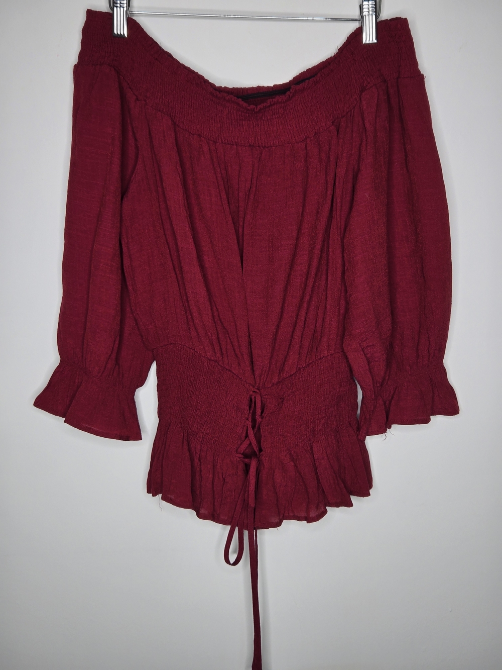 E & M Burgundy Off-the-Shoulder Smocked Boho Tie Front 3/4 Bell Sleeves Top- L.